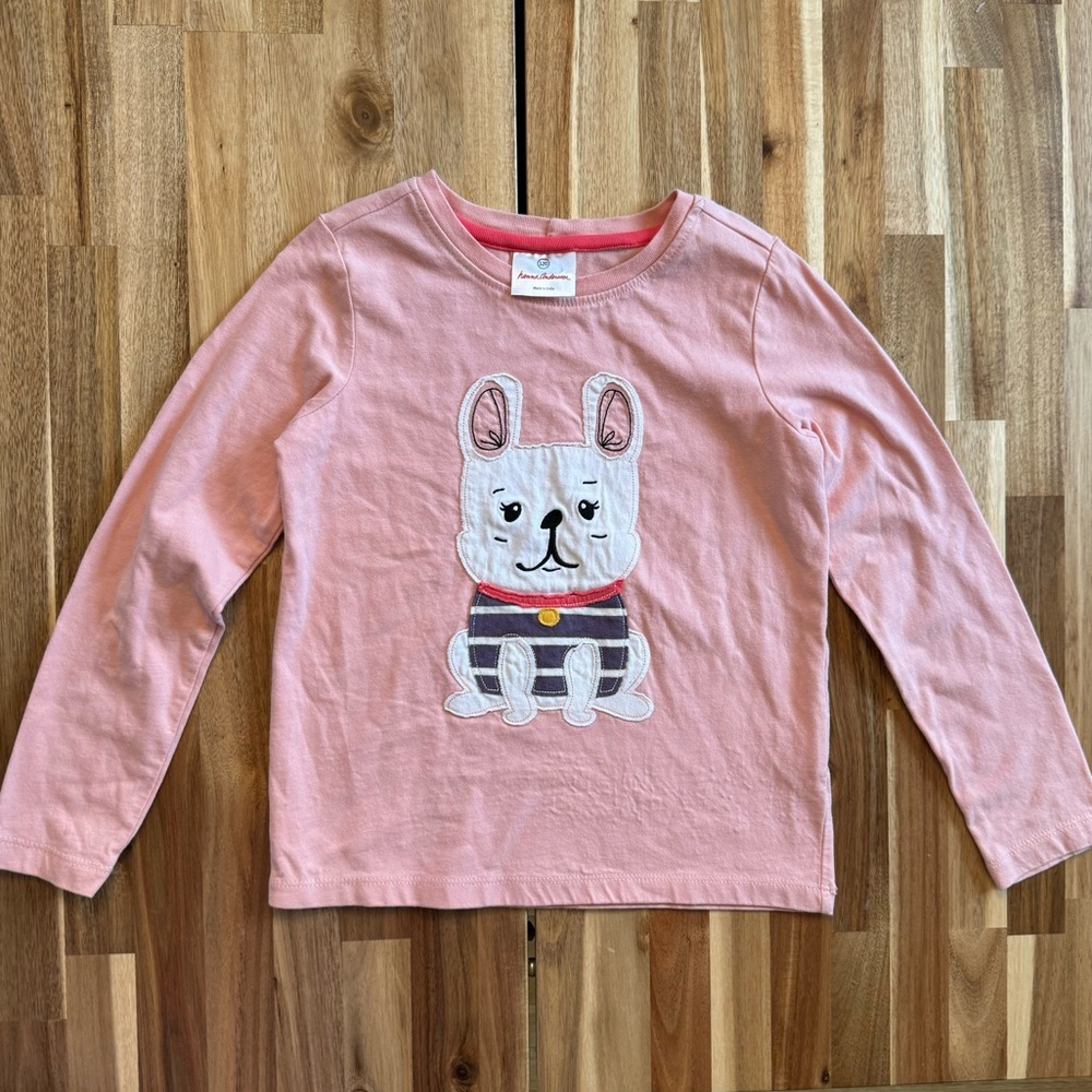 Hanna Andersson Girls Pink French Bulldog Puppy Applique Cotton‎ LS Tee Size 120